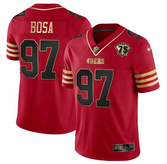 Men's San Francisco 49ers #97 Nick Bosa Red Gold With 75th Anniversary Patch Stitched Jersey